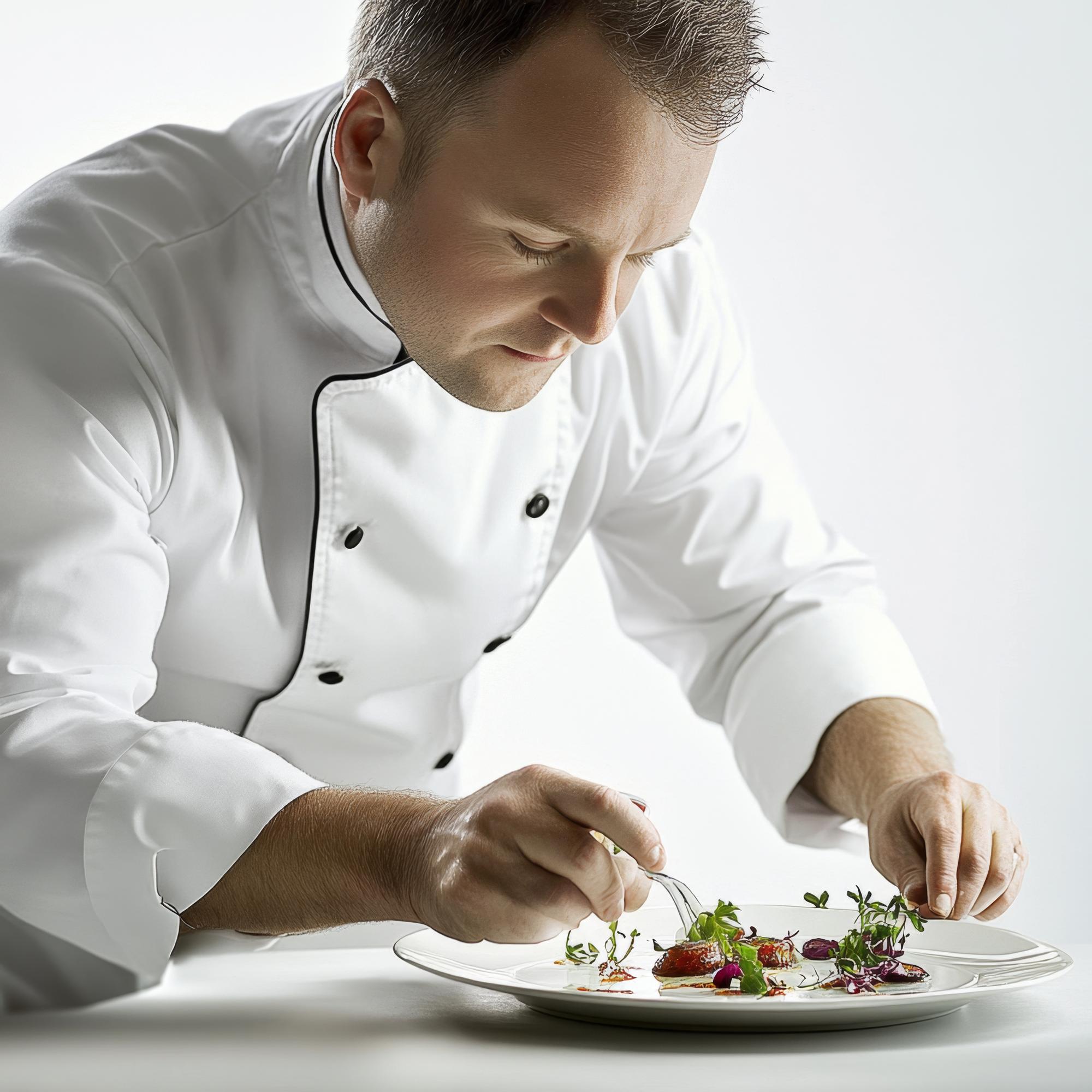 Chef demonstrating plated dish in elegant kitchen